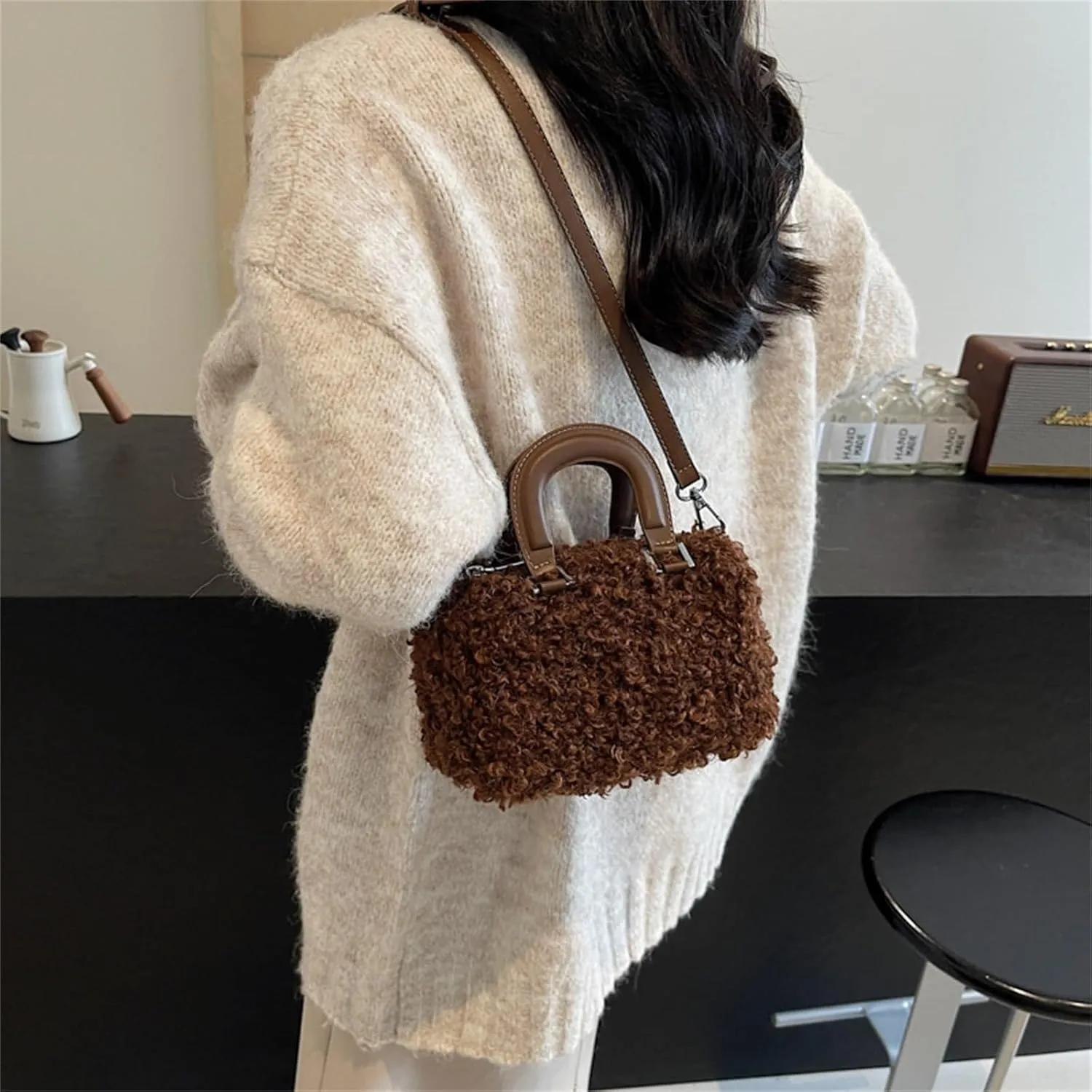 Faux Fur Crossbody Bags for Women, Fluffy Top Handle Shoulder Bag, Plush Shoulder Bag Crossbody Bag Handbag-Coffee
