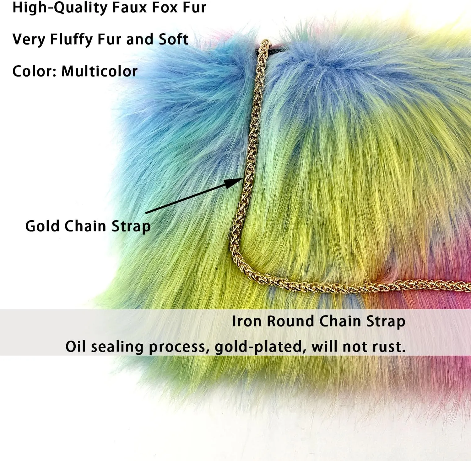 FHQHTH Faux Fox Fur Purse Fuzzy Handbags for Women Evening Handbags Iron Round Chain Strap Shoulder Strap