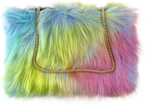 FHQHTH Faux Fox Fur Purse Fuzzy Handbags for Women Evening Handbags Iron Round Chain Strap Shoulder Strap