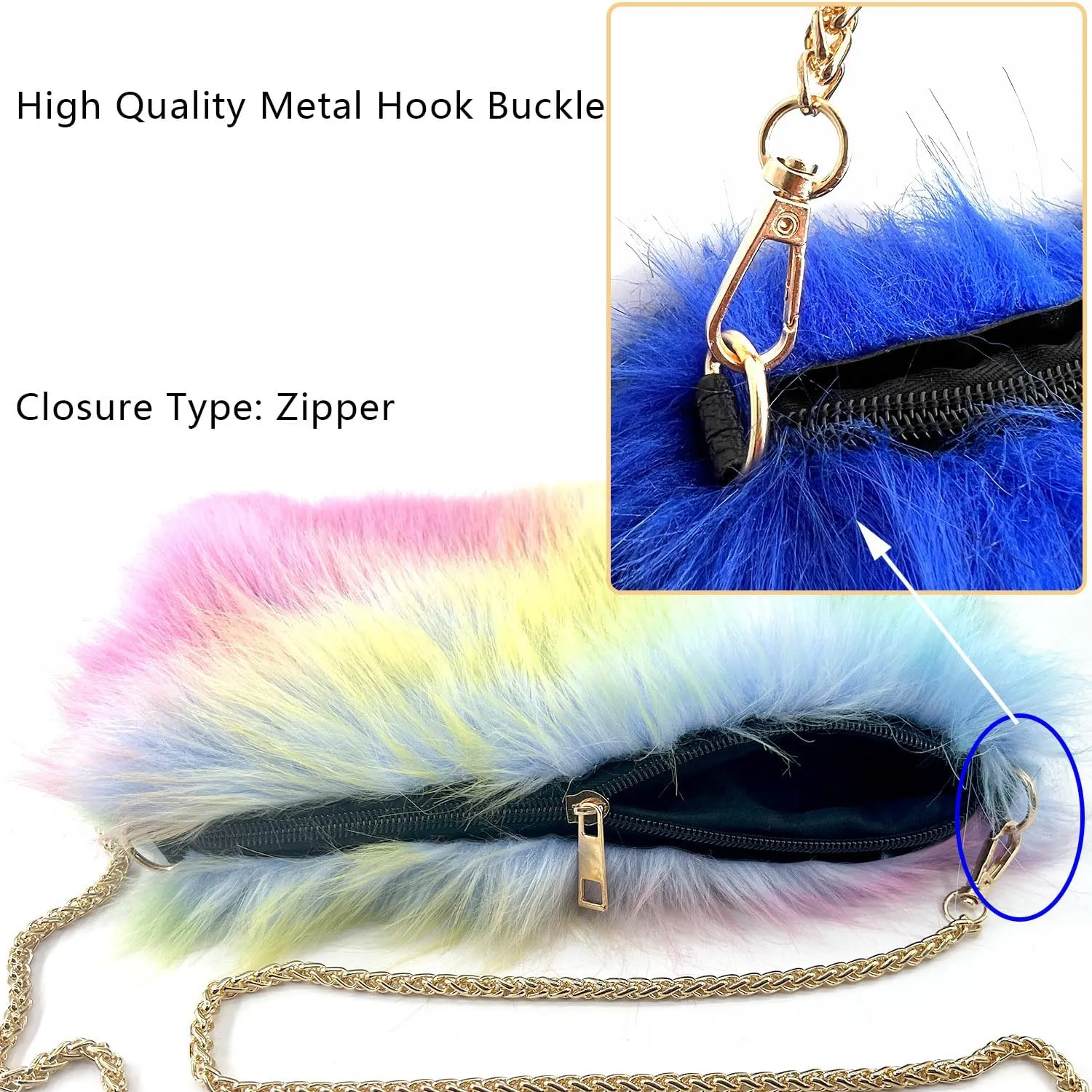 FHQHTH Faux Fox Fur Purse Fuzzy Handbags for Women Evening Handbags Iron Round Chain Strap Shoulder Strap