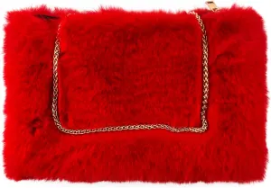 FHQHTH Faux Fox Fur Purse Fuzzy Handbags for Women Evening Handbags Iron Round Chain Strap Shoulder Strap