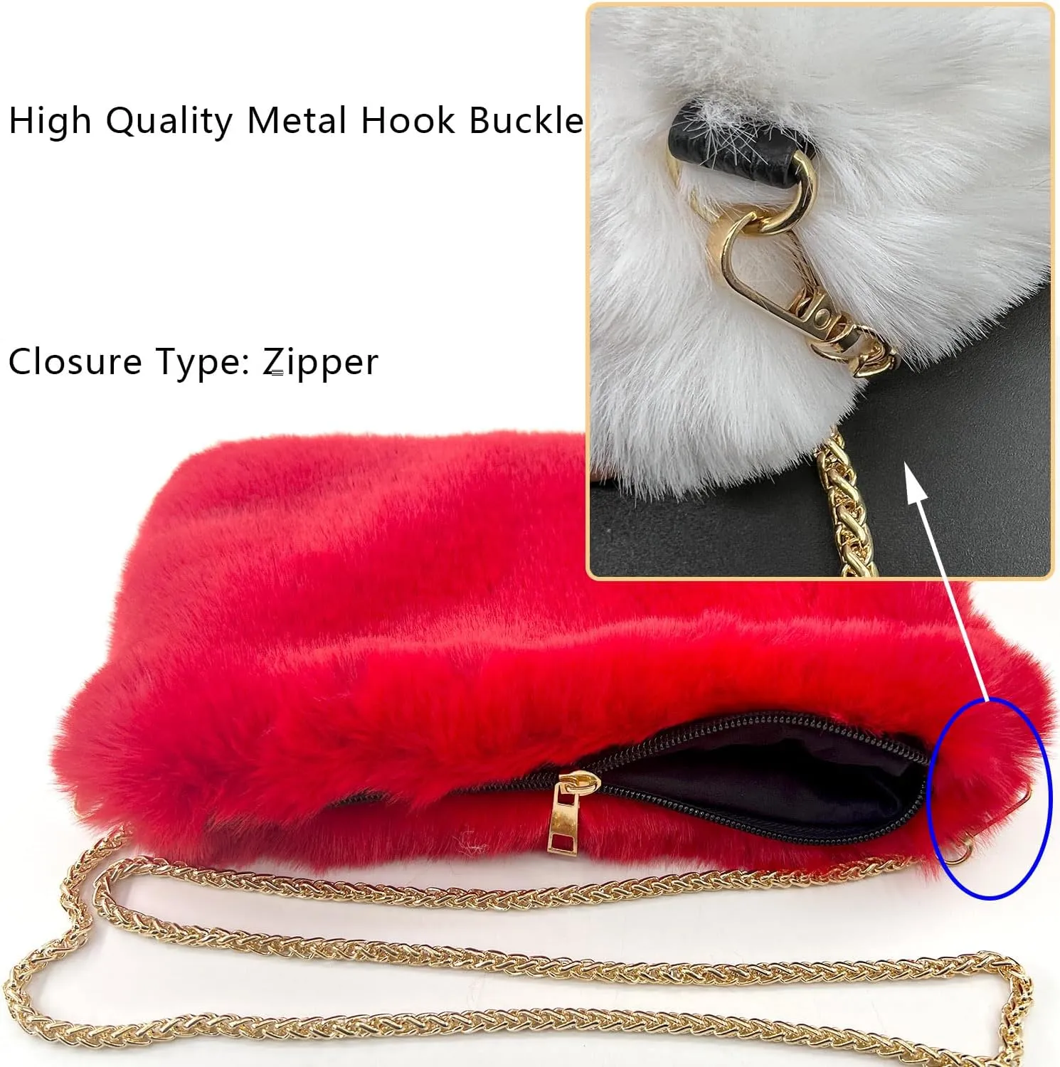FHQHTH Faux Fox Fur Purse Fuzzy Handbags for Women Evening Handbags Iron Round Chain Strap Shoulder Strap