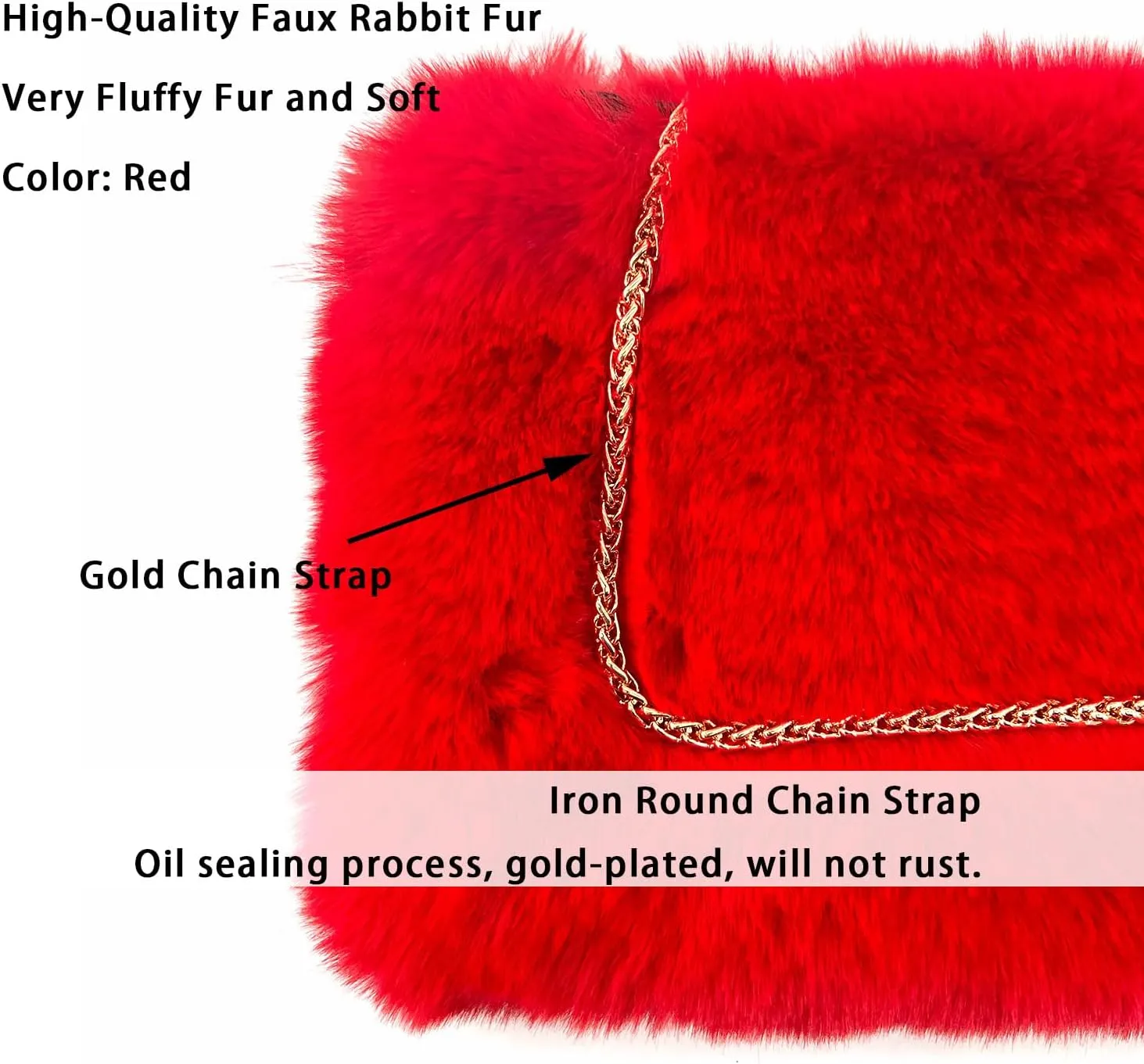 FHQHTH Faux Fox Fur Purse Fuzzy Handbags for Women Evening Handbags Iron Round Chain Strap Shoulder Strap