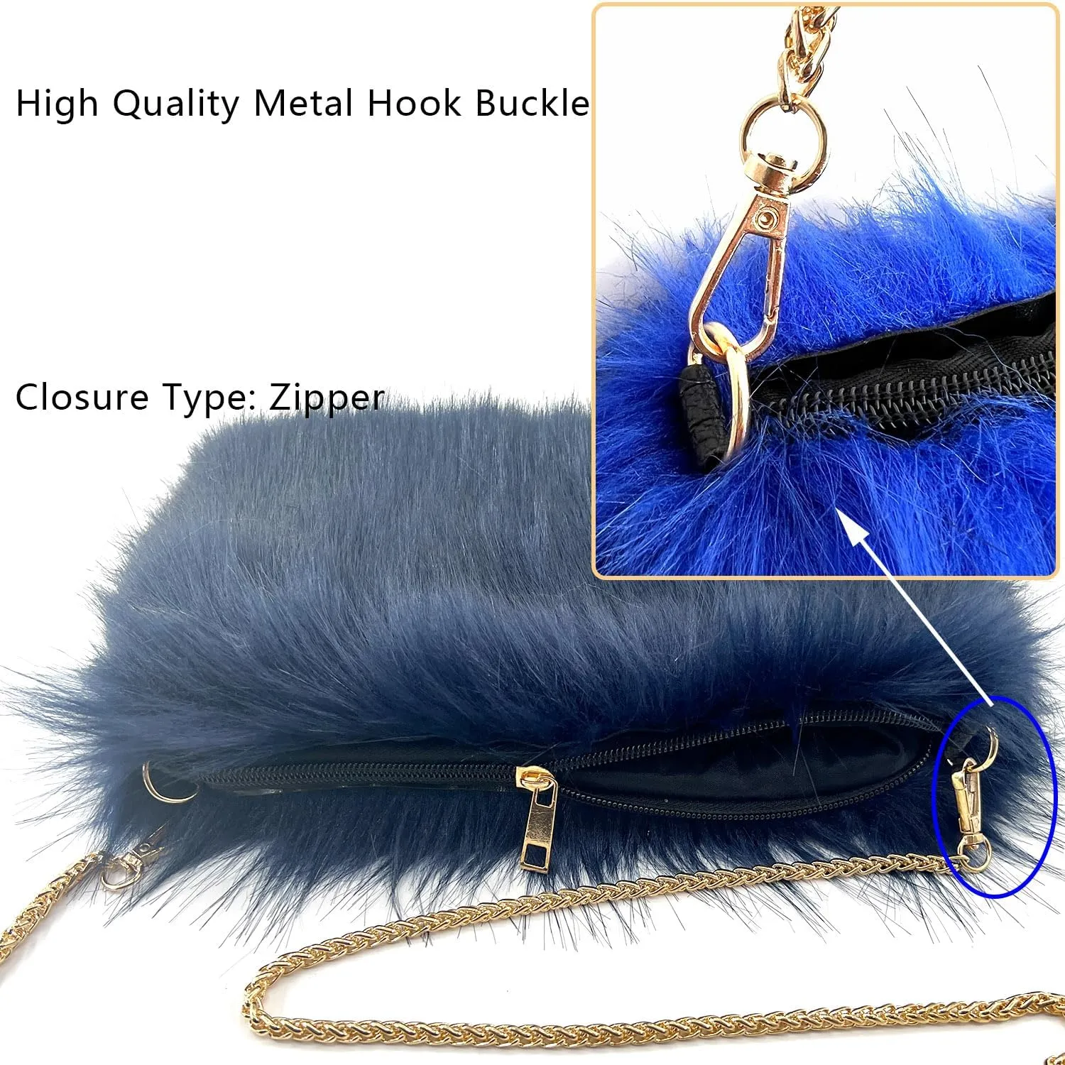FHQHTH Faux Fox Fur Purse Fuzzy Handbags for Women Evening Handbags Iron Round Chain Strap Shoulder Strap