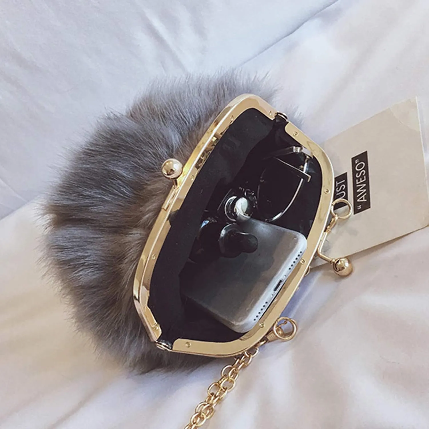 FHQHTH Faux Fur Purse Fashion Clutch Handbag Shoulder Vintage Evening Bags for Women