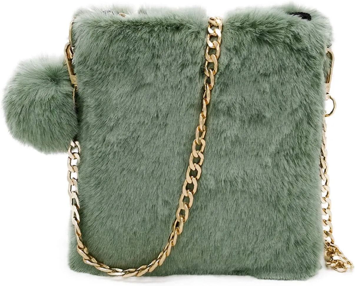 FHQHTHFaux Fur Purse for Women Fluffy Evening Bags Small Cute Crossbody Bag Cosmetic Bag Metal Chain Strap