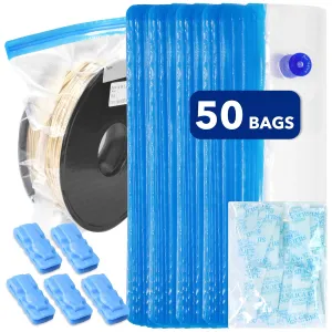 Filament Storage Bags 50PCS, 3D Filament Vacuum Bags Kit (12.6"x13.4") with 50 Desiccants, 5 Sealing Clips for 3D Printer Filament Storage for Filament Dryer Box