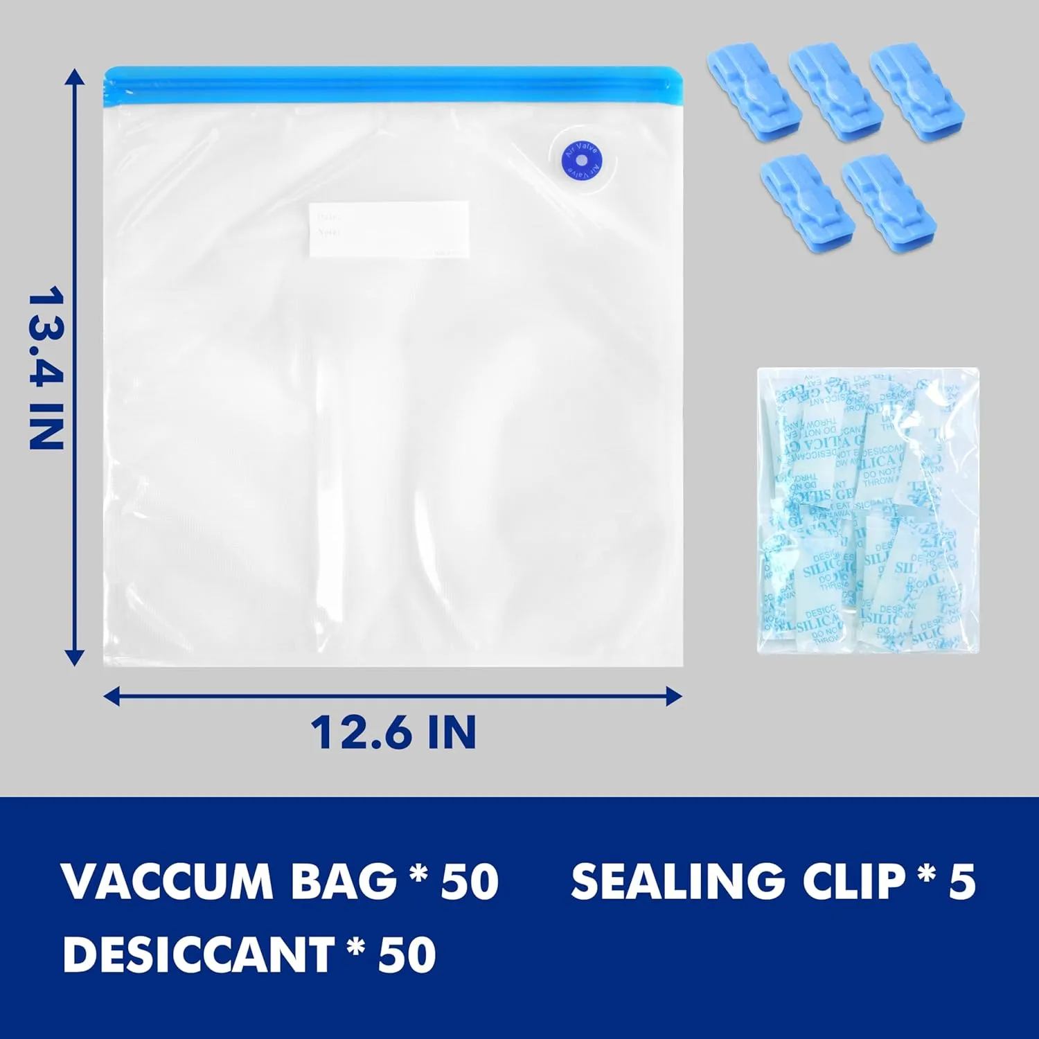 Filament Storage Bags 50PCS, 3D Filament Vacuum Bags Kit (12.6"x13.4") with 50 Desiccants, 5 Sealing Clips for 3D Printer Filament Storage for Filament Dryer Box