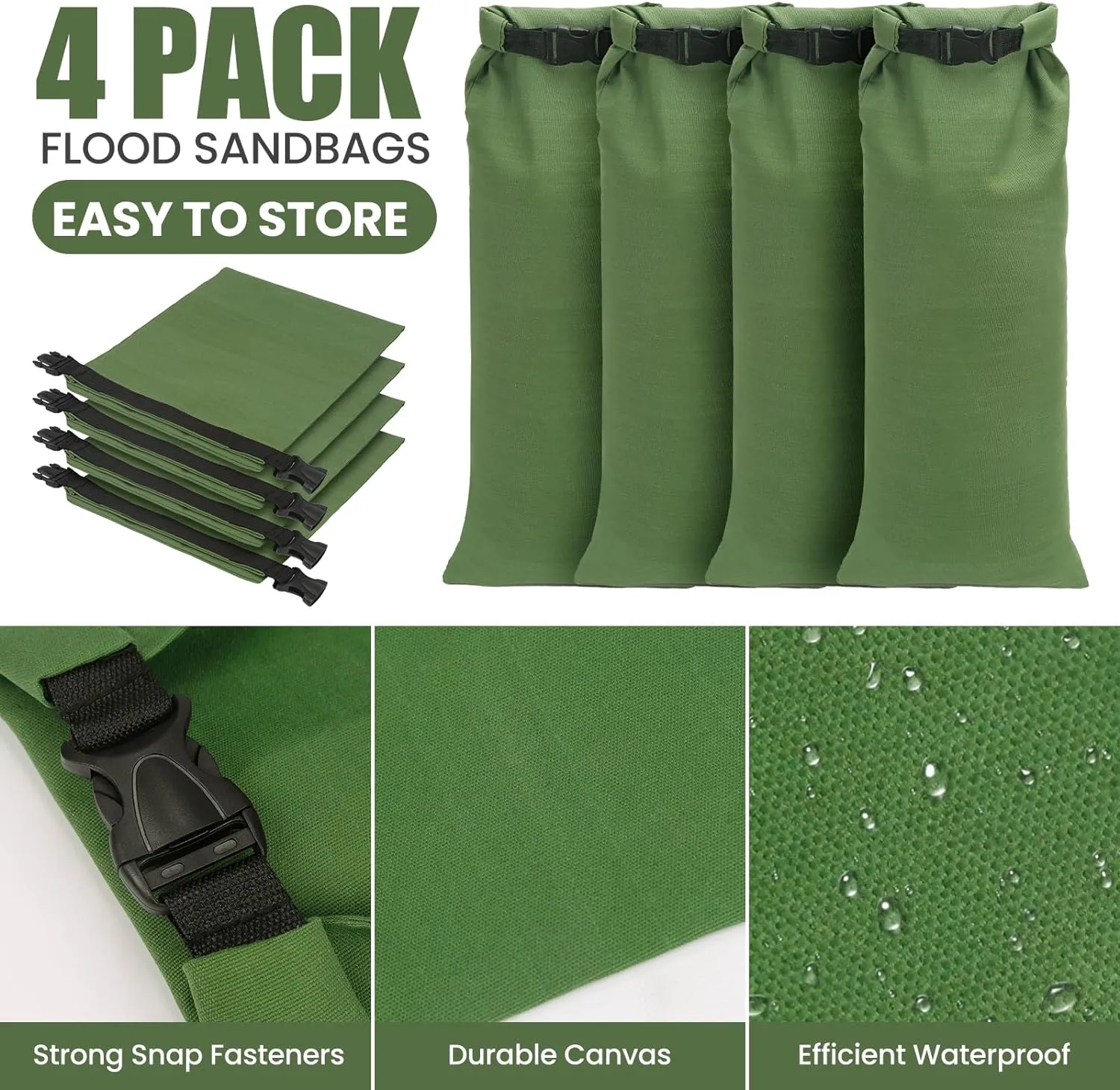 Flood Water Barrier Sand Bags - 4Pcs Thickened Long Canvas Flood Protection Sandbags with Insert Buckle Reusable Quick Flood Barrier for Home Door Window Basement Garage Floor Flood Control (4)