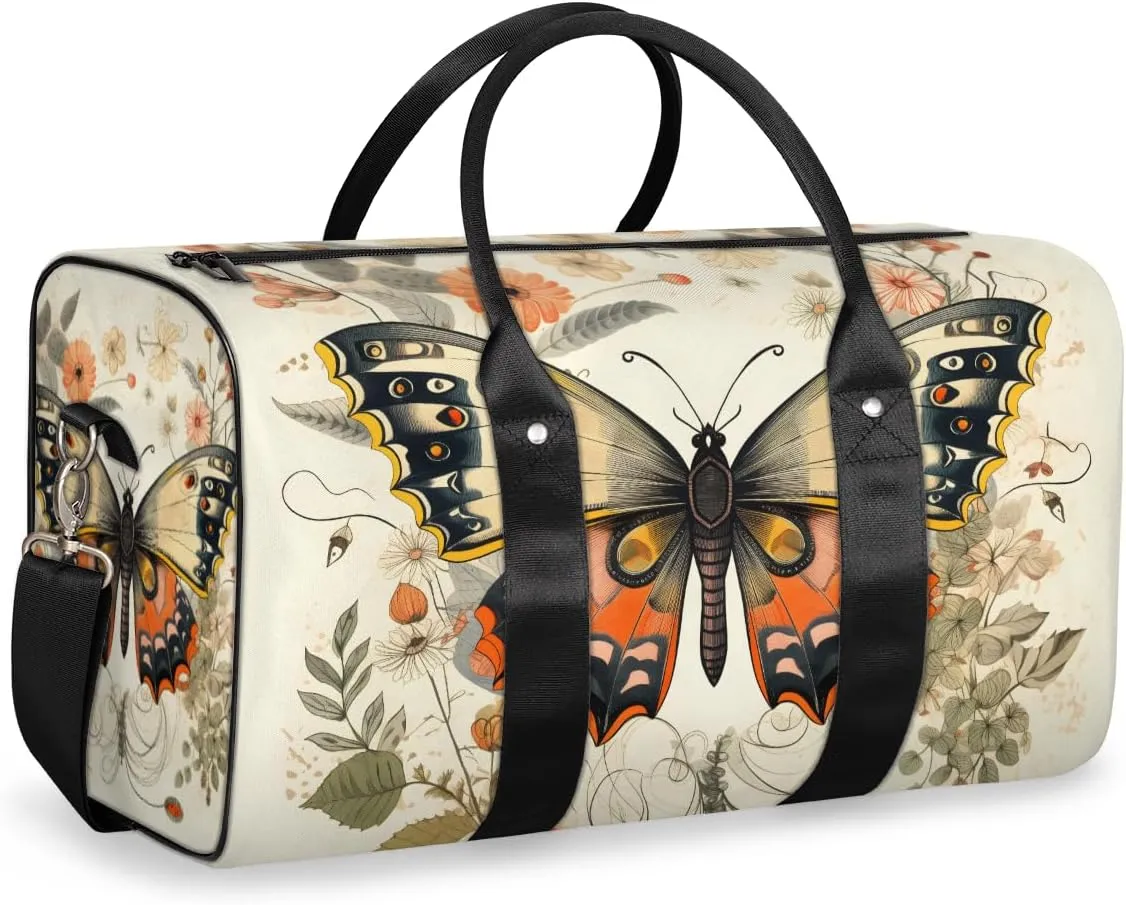 Flower Butterfly Travel Duffle Bag for Women Men Gym Duffel Foldable Bag Waterproof Weekender Vintage Rustic Duffle Tote