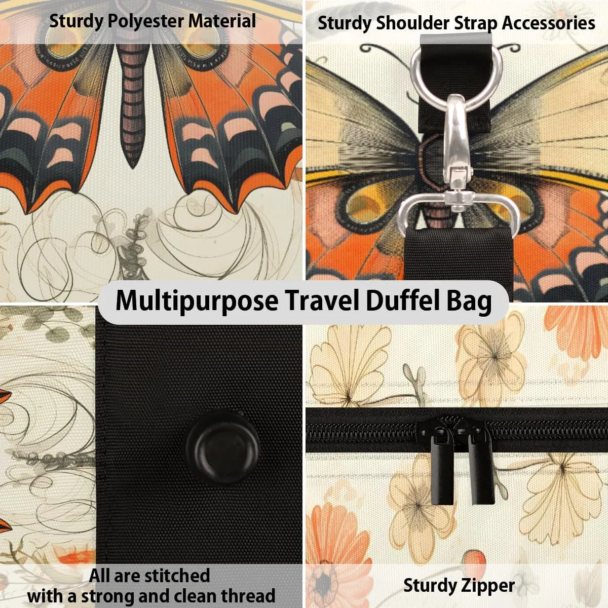 Flower Butterfly Travel Duffle Bag for Women Men Gym Duffel Foldable Bag Waterproof Weekender Vintage Rustic Duffle Tote