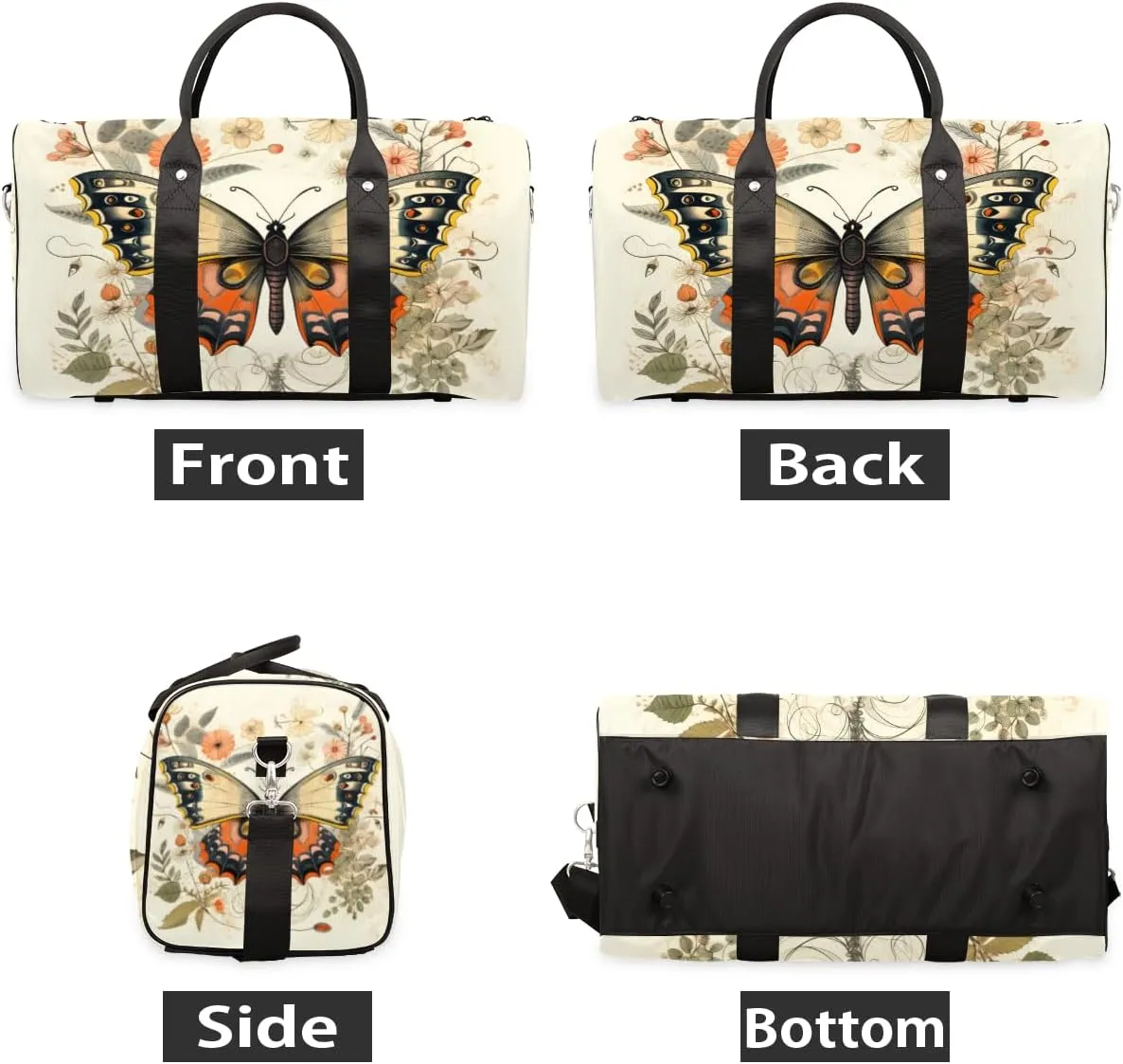 Flower Butterfly Travel Duffle Bag for Women Men Gym Duffel Foldable Bag Waterproof Weekender Vintage Rustic Duffle Tote