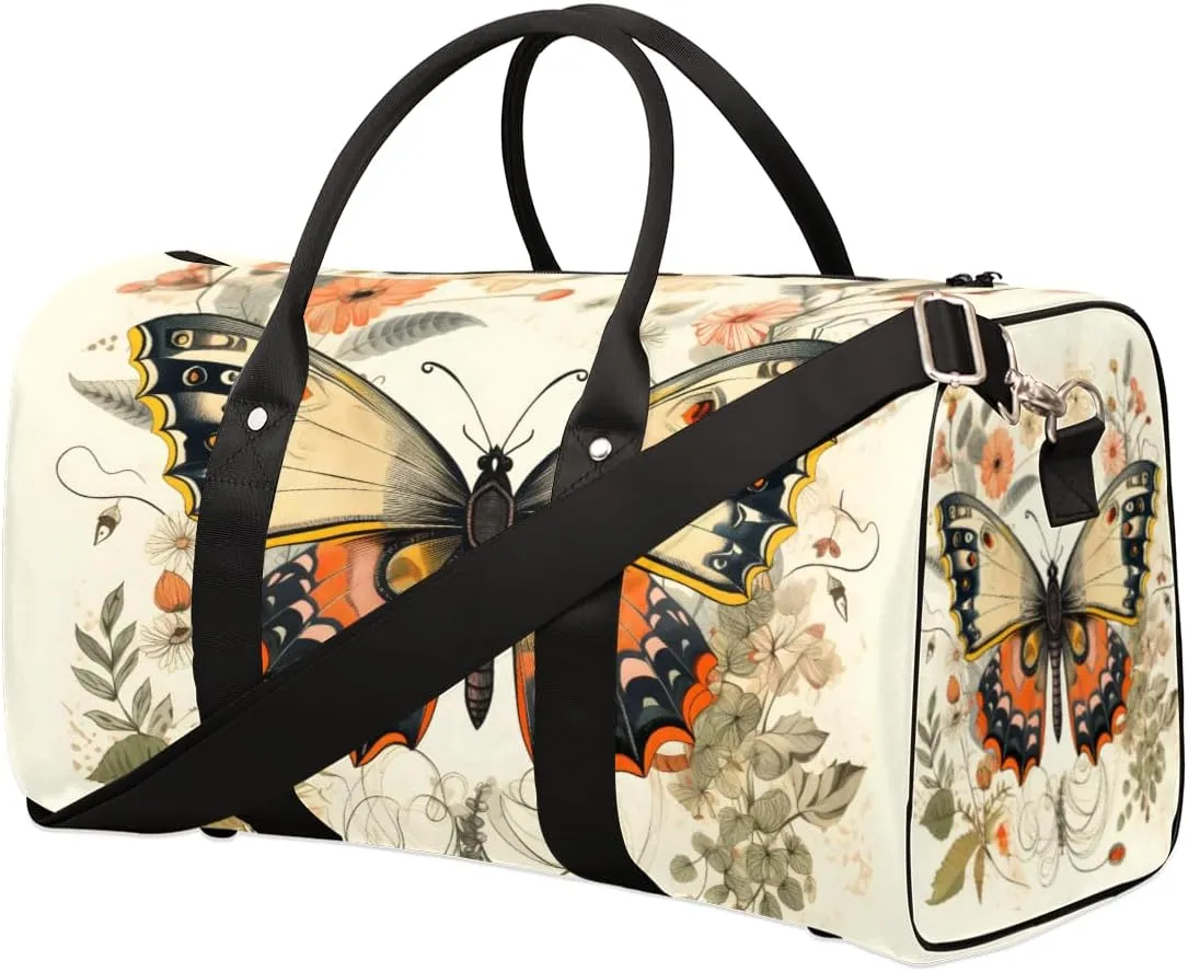 Flower Butterfly Travel Duffle Bag for Women Men Gym Duffel Foldable Bag Waterproof Weekender Vintage Rustic Duffle Tote
