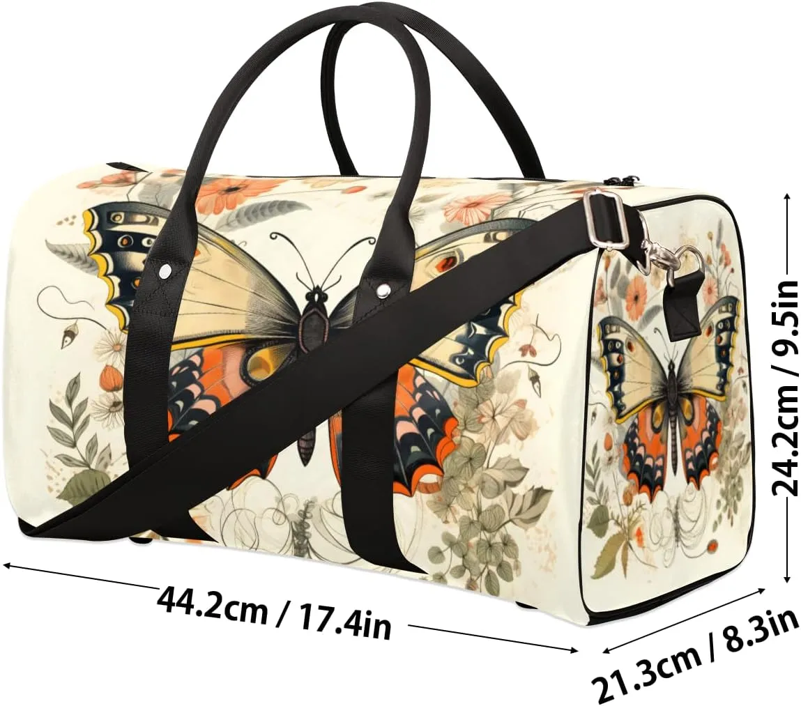 Flower Butterfly Travel Duffle Bag for Women Men Gym Duffel Foldable Bag Waterproof Weekender Vintage Rustic Duffle Tote