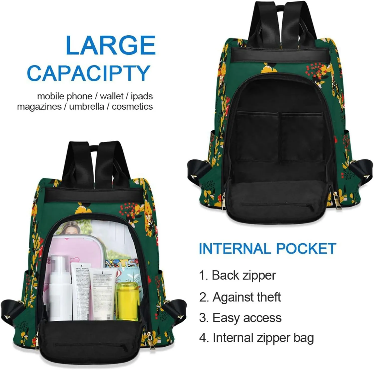 Flower Print Anti-theft Backpack Handbags for Women Travel Rucksack Lightweight Shoulder Bags 13.4 X 5.9 X 15in Pattern 6