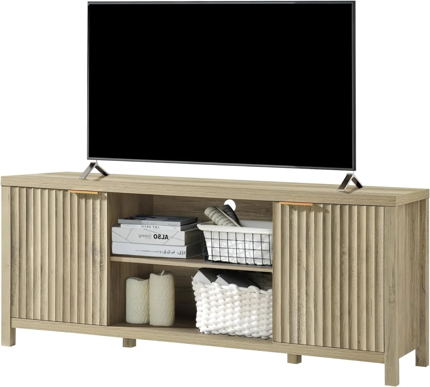 Fluted TV Stands for Living Room, Heavy Duty Entertainment Center with Storage, Mid Century Modern Television Stands for 50/55/60/65 TV, Oxford Media TV Console (Medium,Sunwashed Ash Oak)