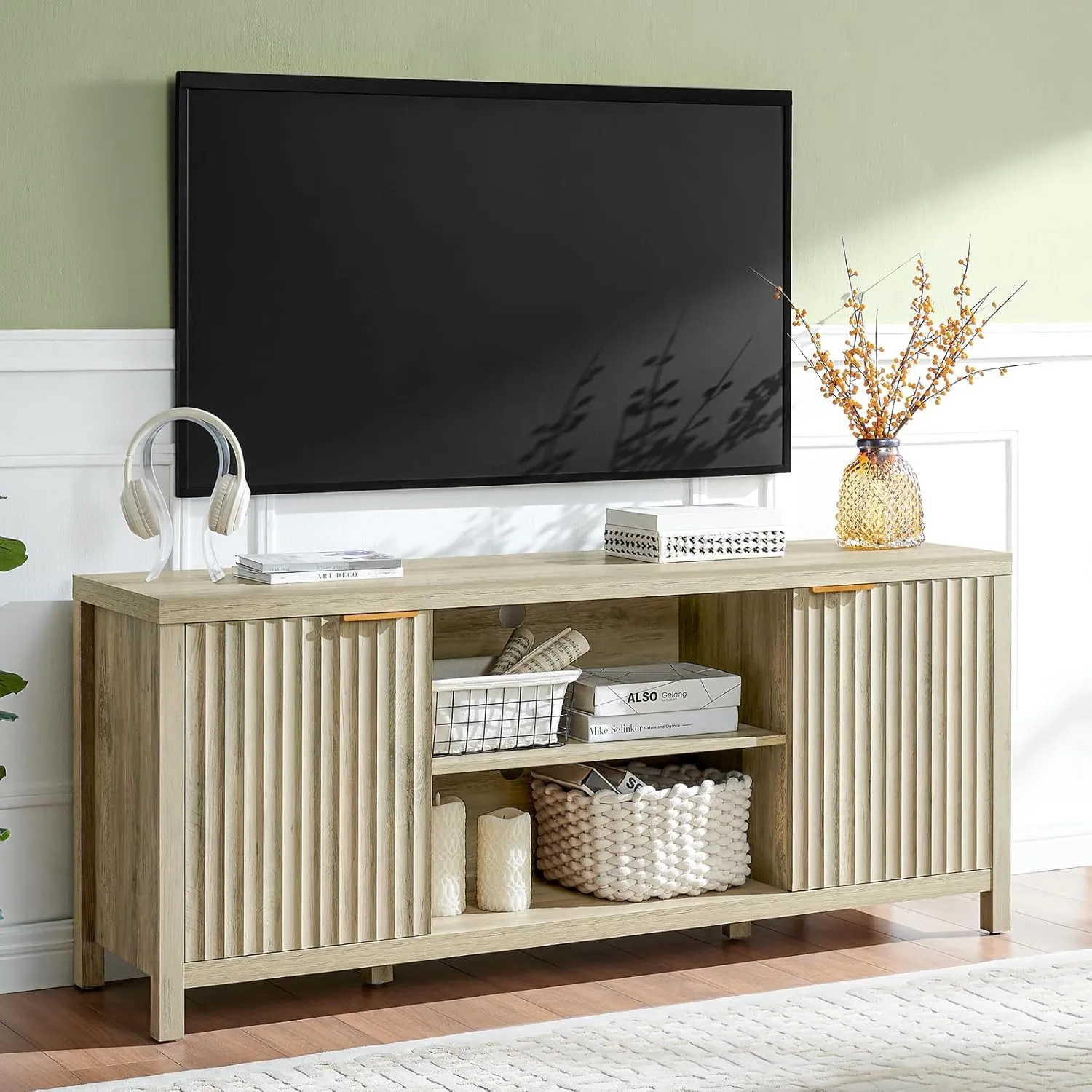 Fluted TV Stands for Living Room, Heavy Duty Entertainment Center with Storage, Mid Century Modern Television Stands for 50/55/60/65 TV, Oxford Media TV Console (Medium,Sunwashed Ash Oak)