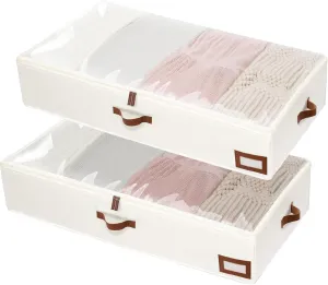 FLYBOX Under Bed Storage Box Featuring Robust Construction & Ultra-Thick Fabric,Clothes Underbed Organizer Containers,Collapsible Closet Under the bed Storage Bags, 33" L x 16.5" W x 6" H, Beige,2 PK