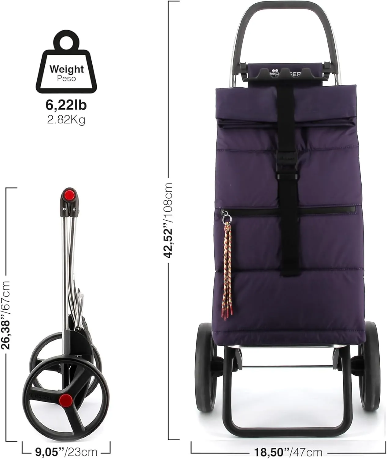 Foldable Puff Grocery Shopping Cart with Wheels | Collapsible Personal Folding Cart for Groceries | Durable & Portable | Purple
