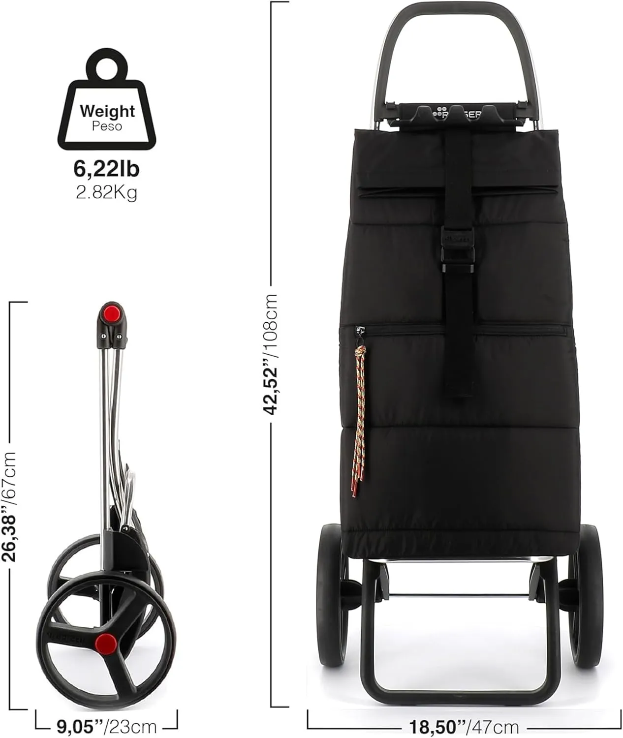 Foldable Puffer Grocery Shopping Cart with Wheels | Collapsible Personal Folding Cart for Groceries | Durable & Portable | Black