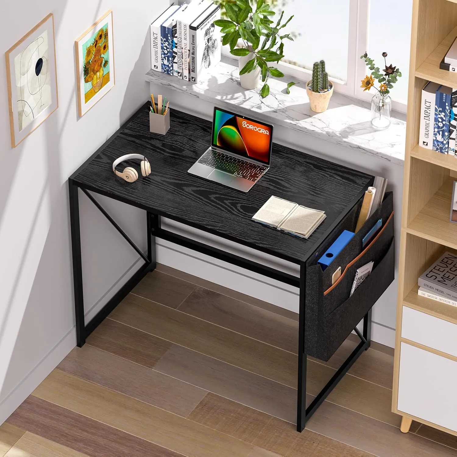 Folding Desk with Storage Pocket for Small Spaces, 31.5 Inch Foldable Desk with Headphone Hook for Bedroom Home Office, Portable Writing Table, Easy Assembly, Black