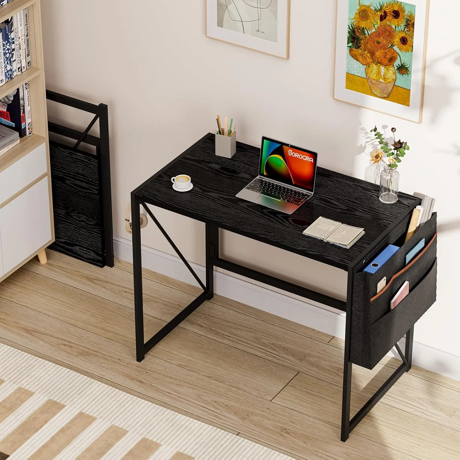 Folding Desk with Storage Pocket for Small Spaces, 31.5 Inch Foldable Desk with Headphone Hook for Bedroom Home Office, Portable Writing Table, Easy Assembly, Black