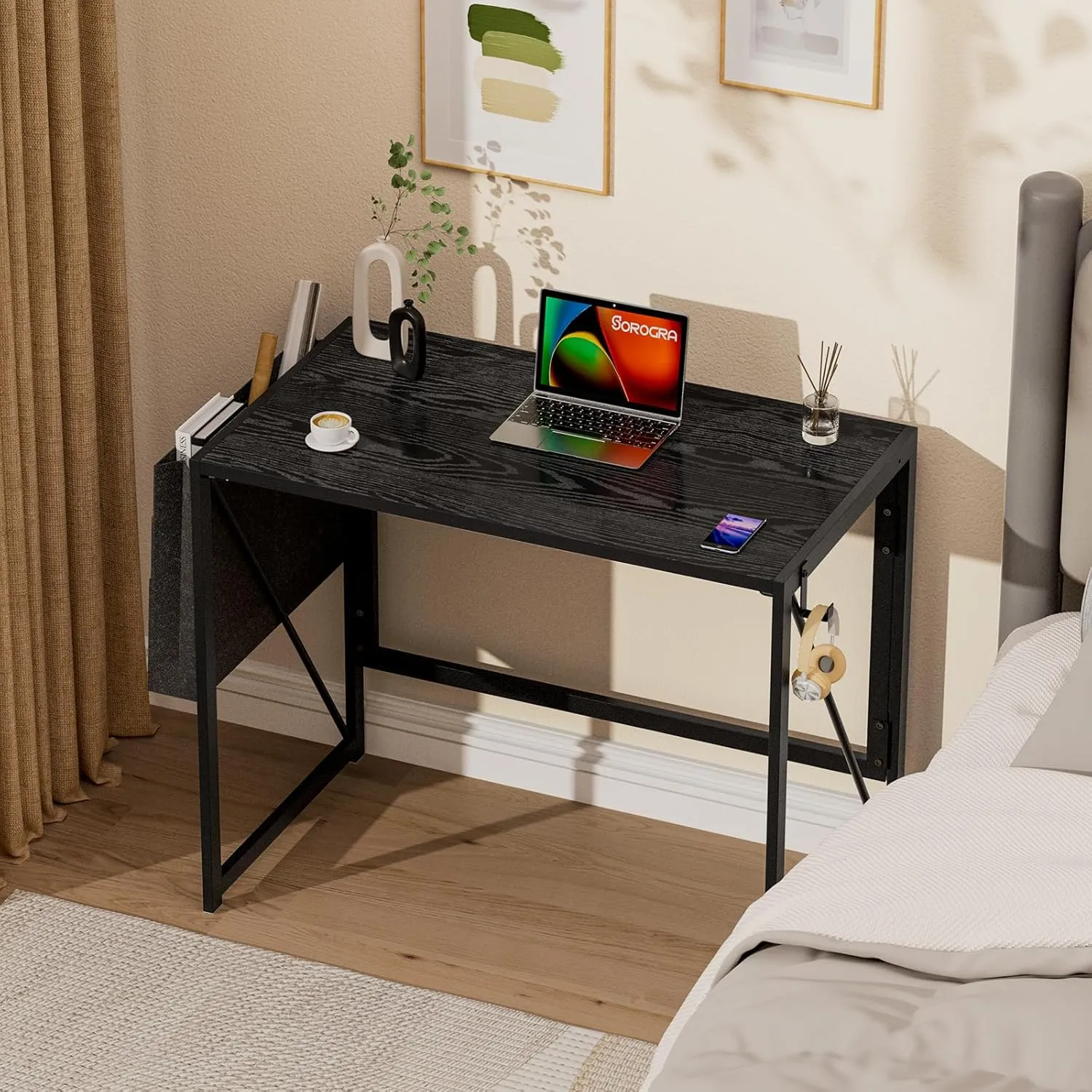 Folding Desk with Storage Pocket for Small Spaces, 31.5 Inch Foldable Desk with Headphone Hook for Bedroom Home Office, Portable Writing Table, Easy Assembly, Black