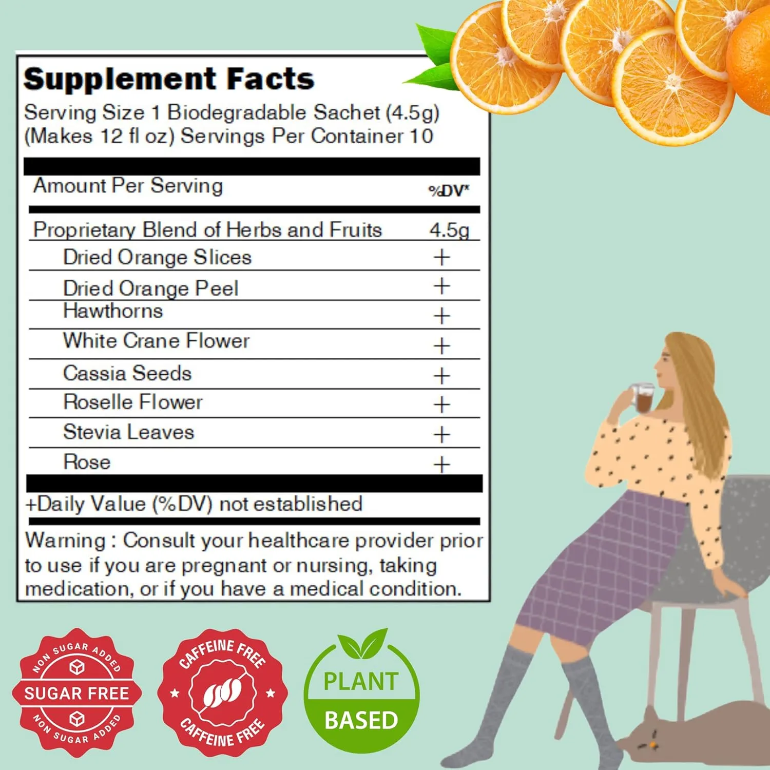 FOODHO Fruit Herbal Blend Functional Tea for Digestion with Orange, Hawthorn, Roselle, Rose, No Caffeine Tea, No Sugar, Hot or Iced Refreshingly Fruity, 10 Decaf Tea Bags