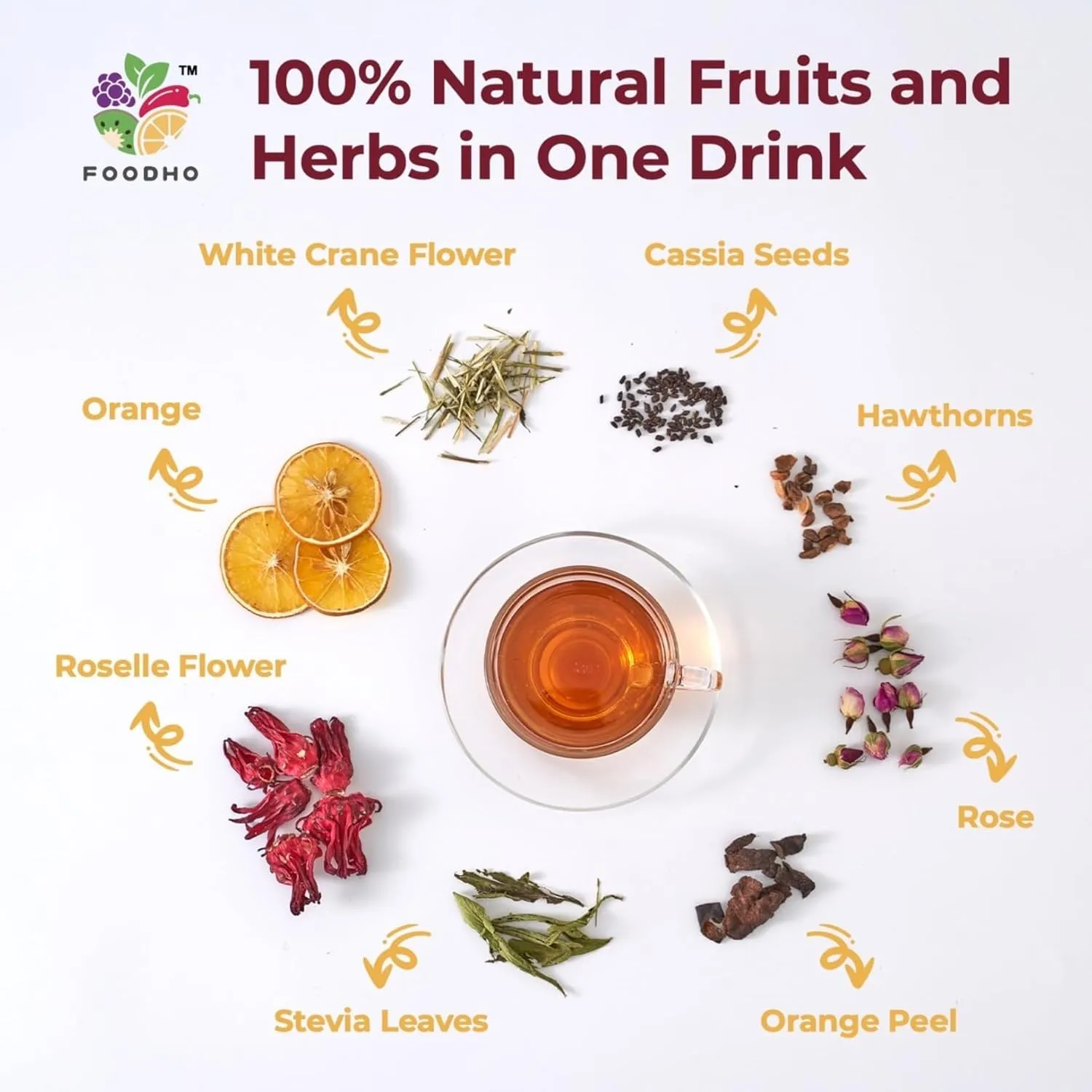 FOODHO Fruit Herbal Blend Functional Tea for Digestion with Orange, Hawthorn, Roselle, Rose, No Caffeine Tea, No Sugar, Hot or Iced Refreshingly Fruity, 10 Decaf Tea Bags