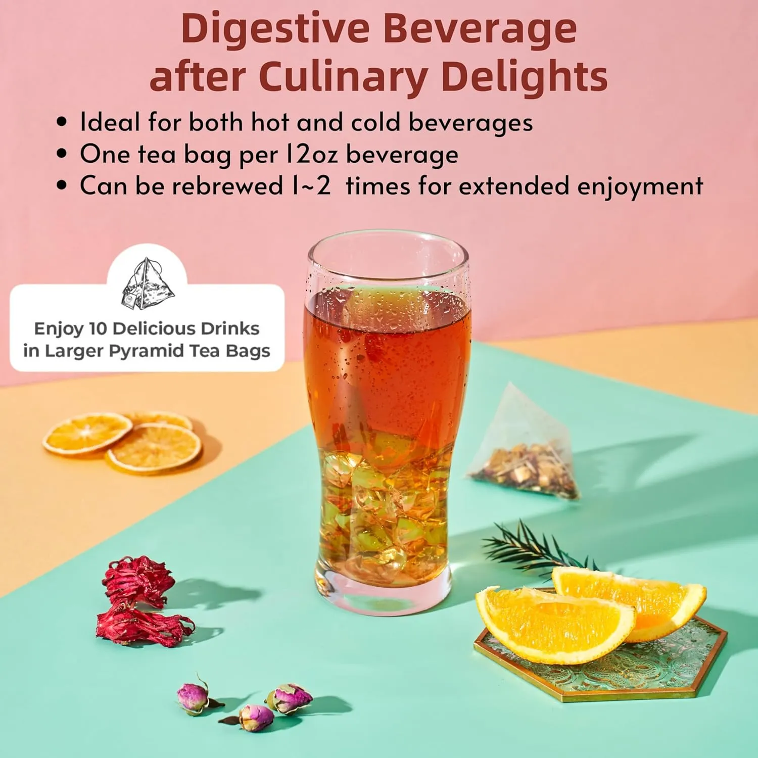 FOODHO Fruit Herbal Blend Functional Tea for Digestion with Orange, Hawthorn, Roselle, Rose, No Caffeine Tea, No Sugar, Hot or Iced Refreshingly Fruity, 10 Decaf Tea Bags