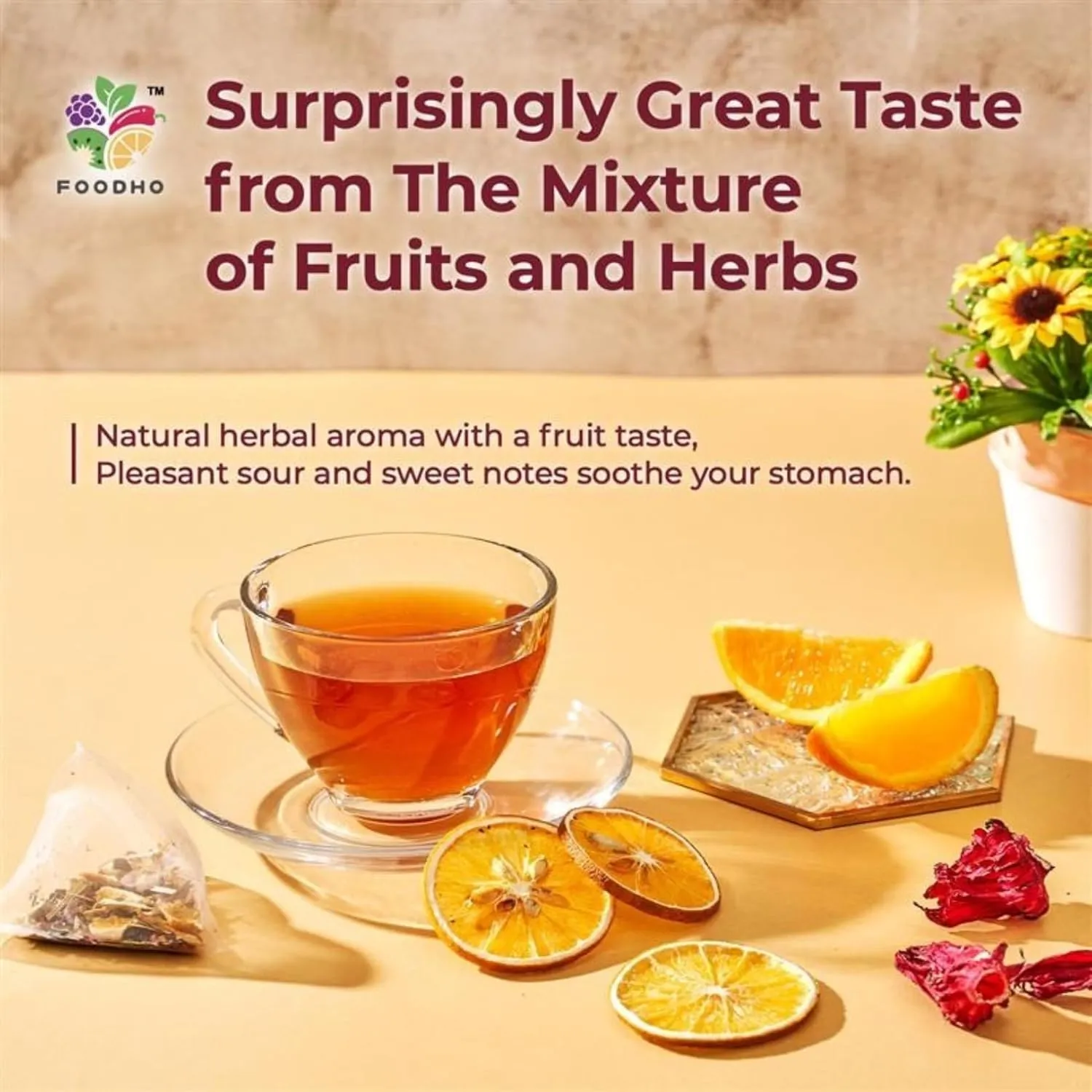 FOODHO Fruit Herbal Blend Functional Tea for Digestion with Orange, Hawthorn, Roselle, Rose, No Caffeine Tea, No Sugar, Hot or Iced Refreshingly Fruity, 10 Decaf Tea Bags