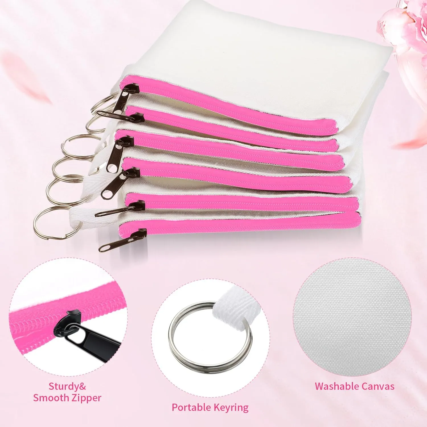 Frienda 30 Pieces Sublimation Blank Canvas Makeup Bags Bulk Cosmetic DIY Craft Pouch with Zipper Coin Purse Pencil Pouch Travel Toiletry Organizer(Pink)