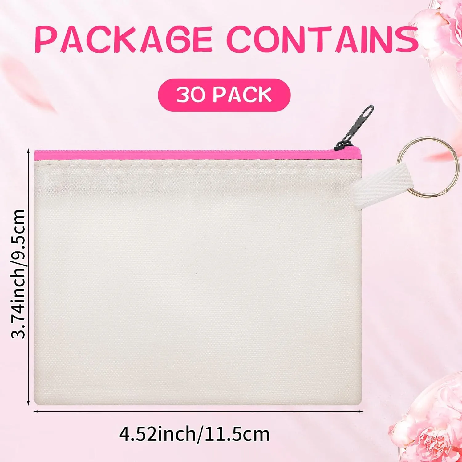 Frienda 30 Pieces Sublimation Blank Canvas Makeup Bags Bulk Cosmetic DIY Craft Pouch with Zipper Coin Purse Pencil Pouch Travel Toiletry Organizer(Pink)