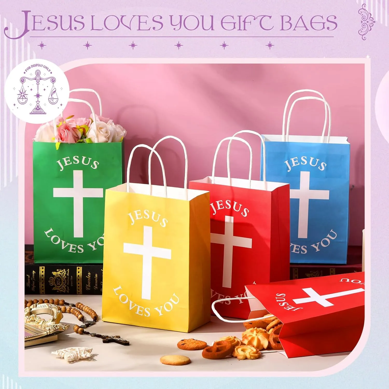 Fullhawl 50 Pcs Easter Christian Gift Bags Bulk Jesus Loves You Religious Paper Bags with Handle First Communion Baptism Party Favors Inspirational Goodie for Church(Multicolor,Simple Style)