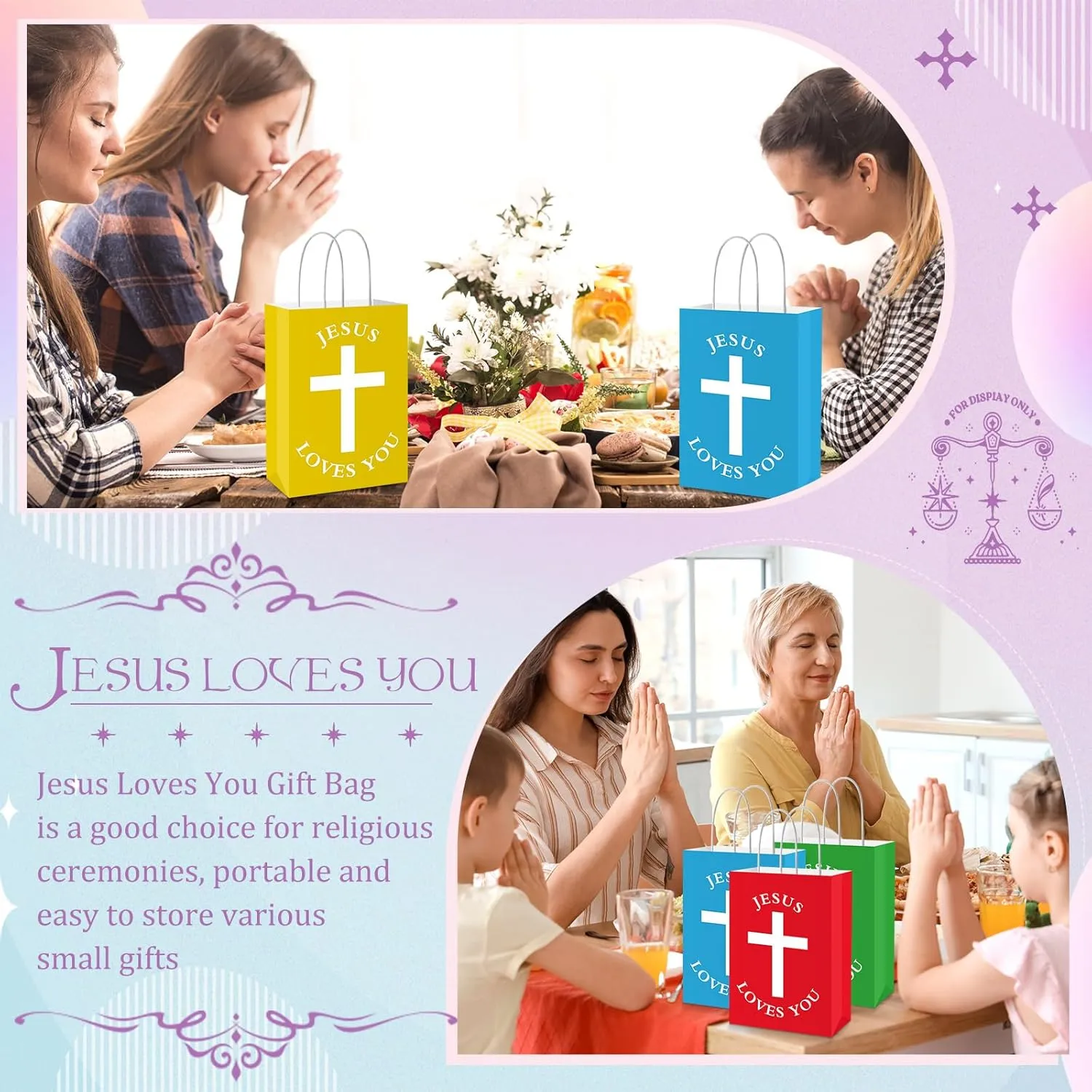 Fullhawl 50 Pcs Easter Christian Gift Bags Bulk Jesus Loves You Religious Paper Bags with Handle First Communion Baptism Party Favors Inspirational Goodie for Church(Multicolor,Simple Style)
