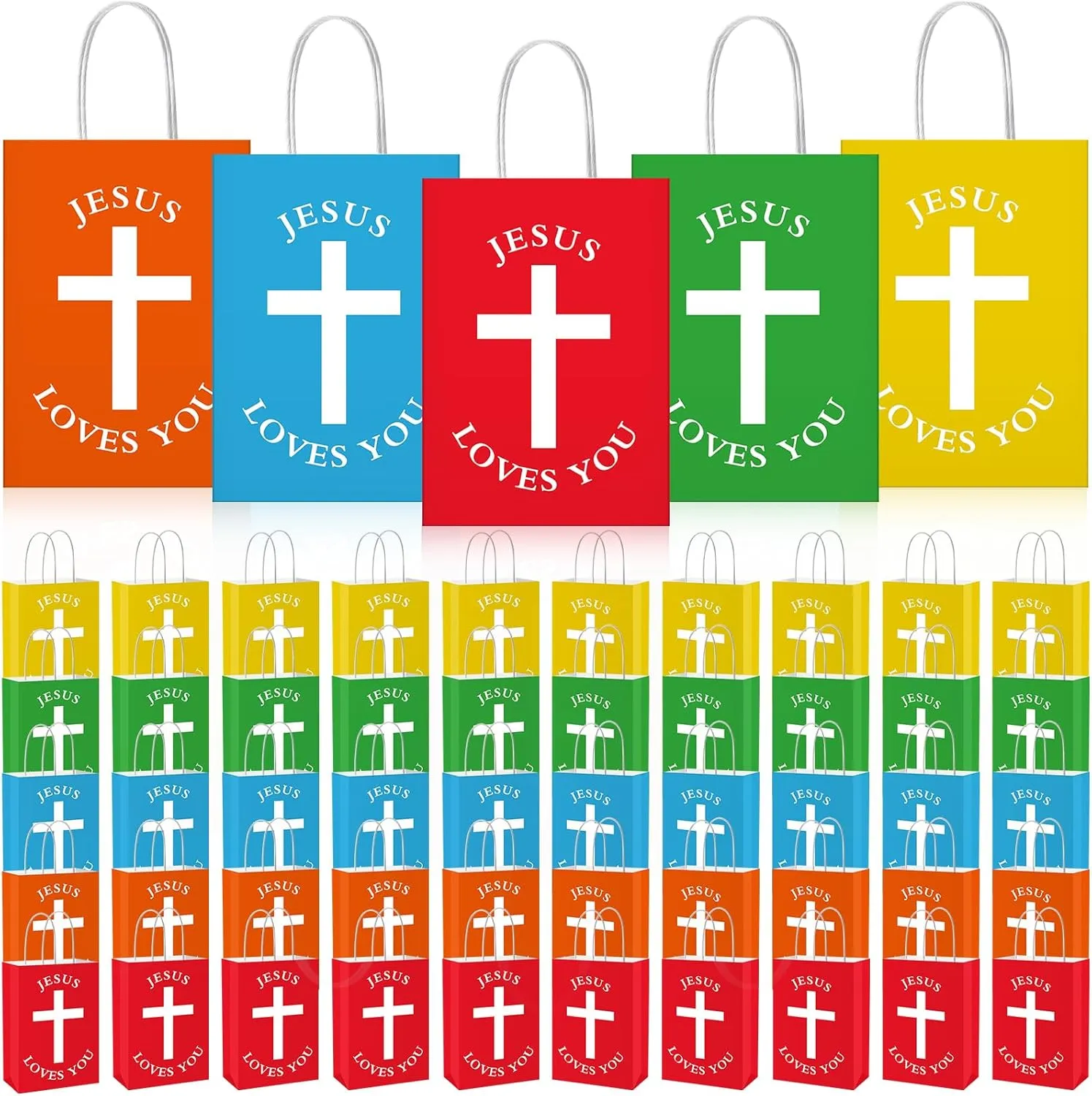Fullhawl 50 Pcs Easter Christian Gift Bags Bulk Jesus Loves You Religious Paper Bags with Handle First Communion Baptism Party Favors Inspirational Goodie for Church(Multicolor,Simple Style)