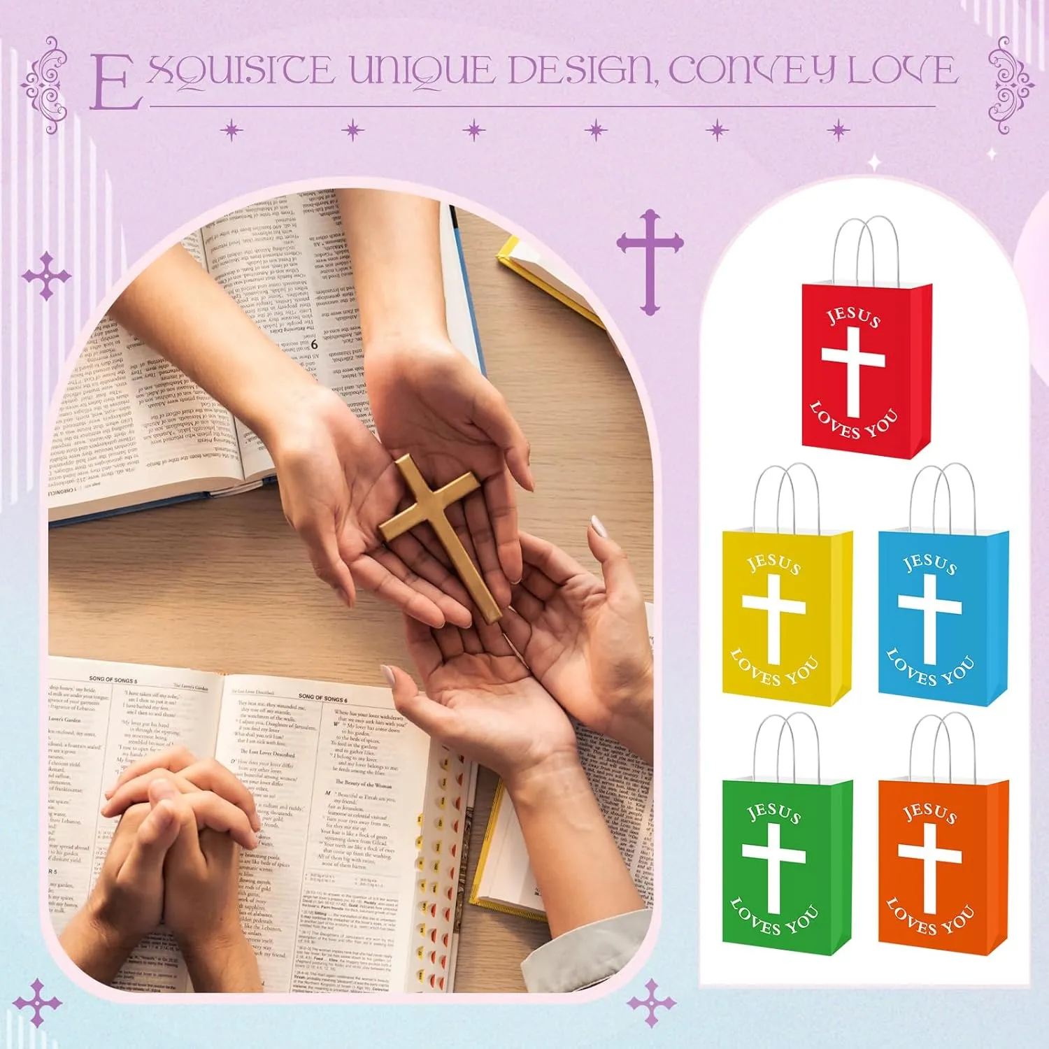 Fullhawl 50 Pcs Easter Christian Gift Bags Bulk Jesus Loves You Religious Paper Bags with Handle First Communion Baptism Party Favors Inspirational Goodie for Church(Multicolor,Simple Style)