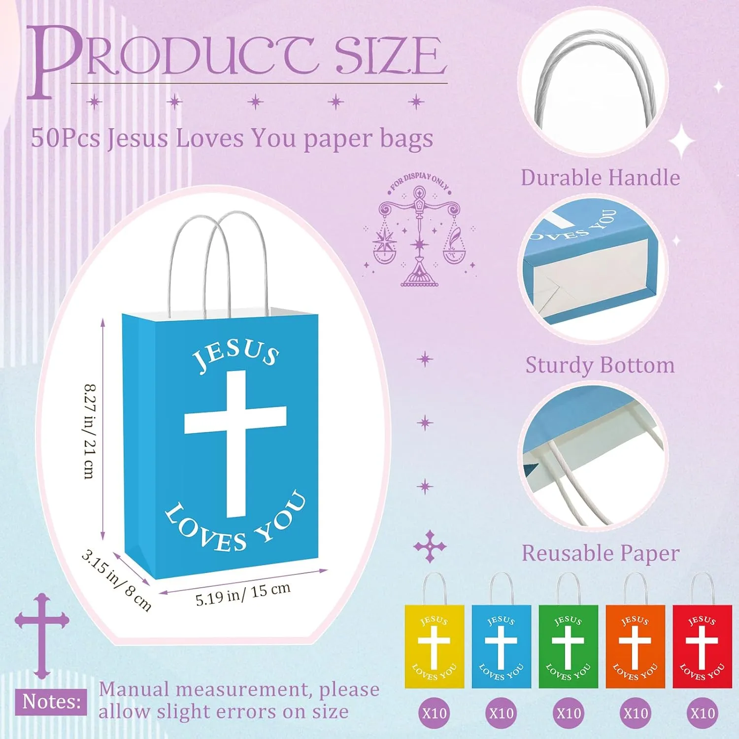 Fullhawl 50 Pcs Easter Christian Gift Bags Bulk Jesus Loves You Religious Paper Bags with Handle First Communion Baptism Party Favors Inspirational Goodie for Church(Multicolor,Simple Style)