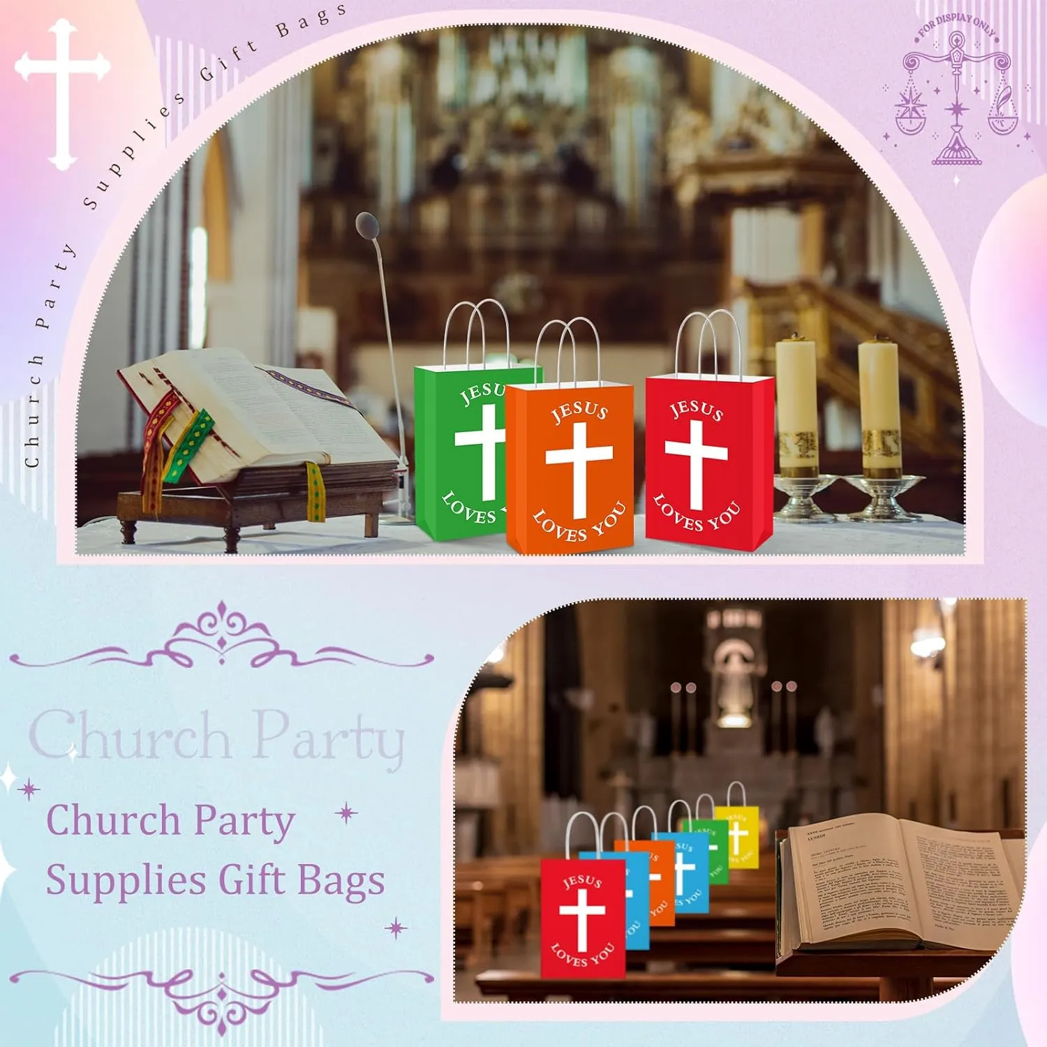 Fullhawl 50 Pcs Easter Christian Gift Bags Bulk Jesus Loves You Religious Paper Bags with Handle First Communion Baptism Party Favors Inspirational Goodie for Church(Multicolor,Simple Style)