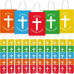 Fullhawl 50 Pcs Easter Christian Gift Bags Bulk Jesus Loves You Religious Paper Bags with Handle First Communion Baptism Party Favors Inspirational Goodie for Church(Multicolor,Simple Style)