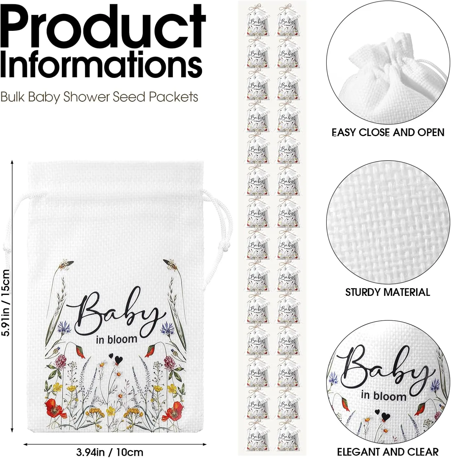Fumete 50 Sets Baby Shower Party Favors for Guests Baby in Bloom Seed Packets Wildflower Organizer Burlap Bag with Drawstring Thank You Cards and Twine for Baby Shower Favor Guests, No Seeds