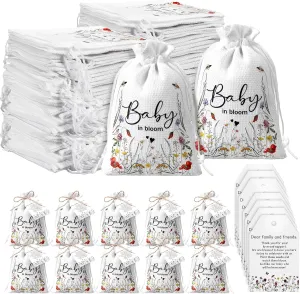 Fumete 50 Sets Baby Shower Party Favors for Guests Baby in Bloom Seed Packets Wildflower Organizer Burlap Bag with Drawstring Thank You Cards and Twine for Baby Shower Favor Guests, No Seeds