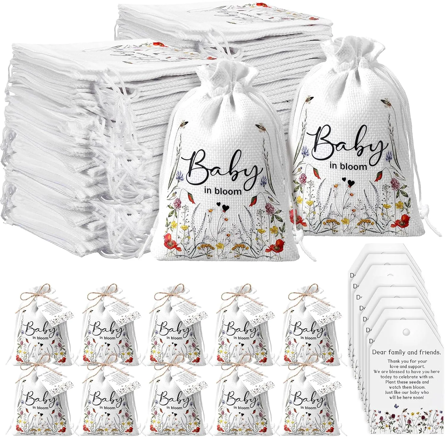 Fumete 50 Sets Baby Shower Party Favors for Guests Baby in Bloom Seed Packets Wildflower Organizer Burlap Bag with Drawstring Thank You Cards and Twine for Baby Shower Favor Guests, No Seeds