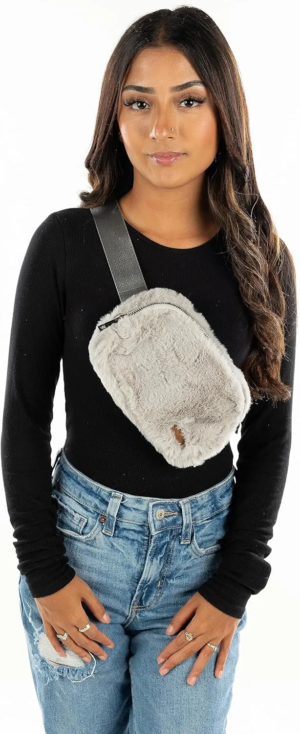 Funky Junque Crossbody Bag Sling Belt Stadium Waist Fanny Concert Bag: Faux Fur - Heather Grey