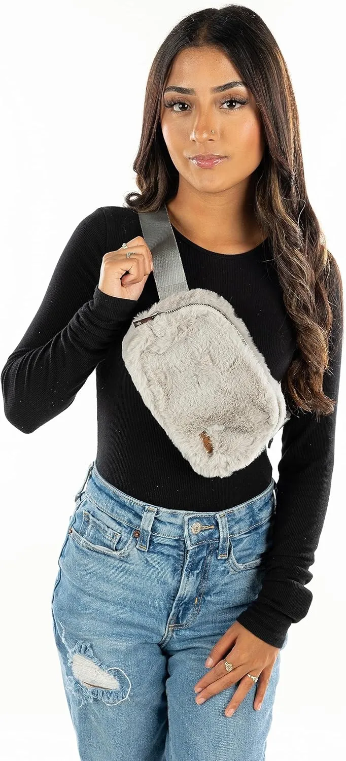 Funky Junque Crossbody Bag Sling Belt Stadium Waist Fanny Concert Bag: Faux Fur - Heather Grey