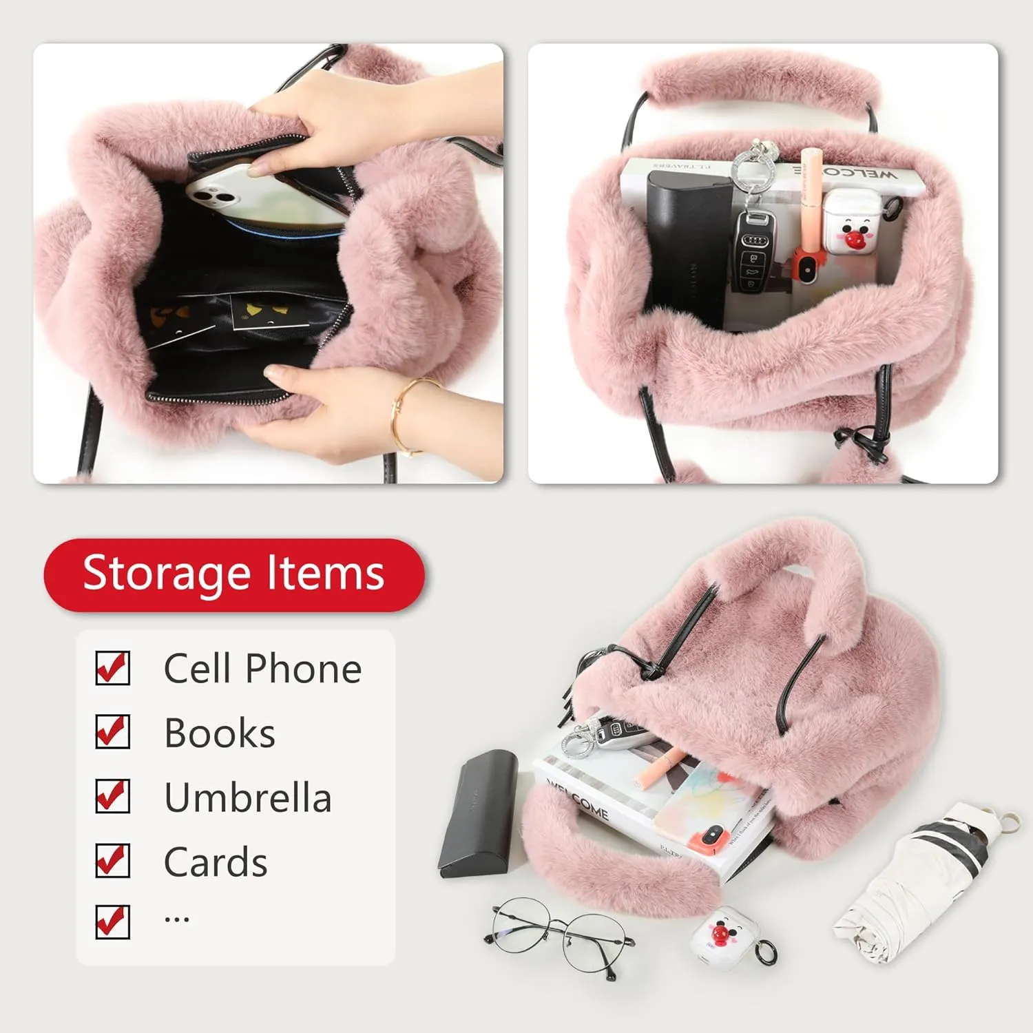 Fur Story Tote Bag Faux Fur Purses for Women Plush Handbag Fuzzy Shoulder Bag Big Capacity Black Purse for women’s Girls