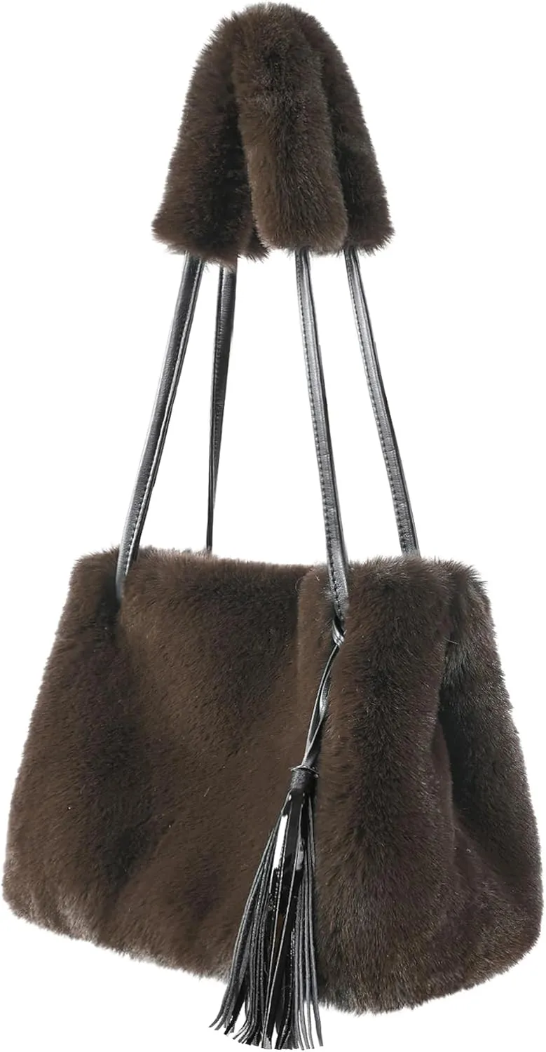 Fur Story Tote Bag Faux Fur Purses for Women Plush Handbag Fuzzy Shoulder Bag Big Capacity Black Purse for women’s Girls