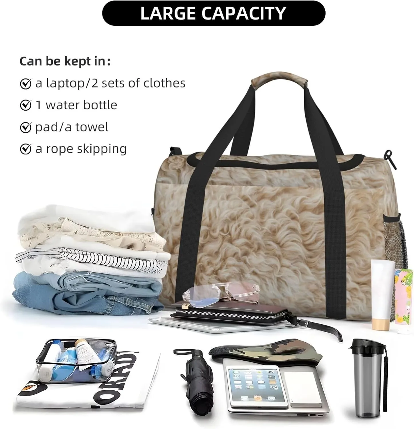 Fur Wool Travel Duffel Bag Large Foldable Waterproof Overnight Bag For Beach Swim Bags Pool Sports Gym