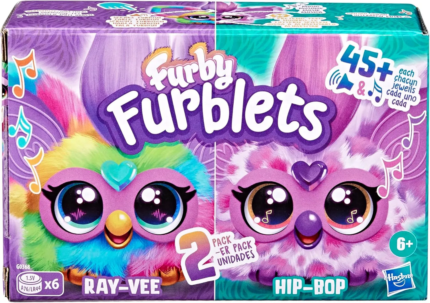Furby Furblets 2-Pack, Mini Friends Ray-Vee & Hip-Bop, 45  Sounds Each, Music & Furbish Phrases, Electronic Plush Toys, Rainbow & Pink/Purple, Ages 6  (Amazon Exclusive)