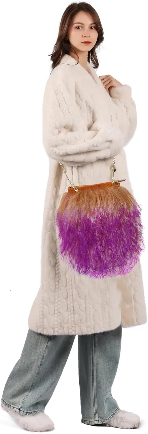 Furry Crossbody Bag Real Curly Mongolian Fur Purse Flush Fur Clutch Shoulder Bag